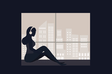 Woman with headphones listening to music. Happiness, relaxation, good mood, rest concept  vector illustration.