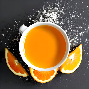 Cup Of Tea, Teapot, Orange Tea Flavor. Stay Healthy In Flu Winter Autumn Days. Tea Composition. Orange Slice 