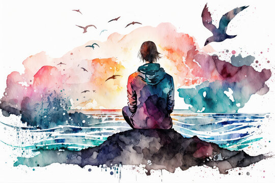 Watercolor meditation and mindfullnes lifestyle concept art, spiritual awerness, mental soul health, self care, healthy habit, relief generative ai	