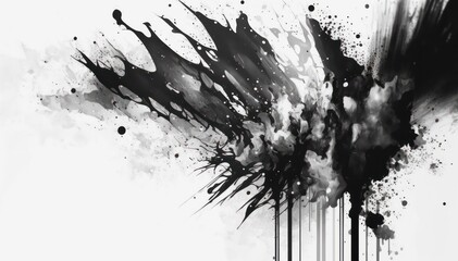 Abstract watercolor background. Black ink splatter on white paper. Black and white watercolor wallpaper.