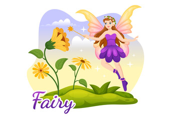 Beautiful Flying Fairy Illustration with Elf, Landscape Tree and Green Grass in Flat Cartoon Hand Drawn for Web Banner or Landing Page Templates
