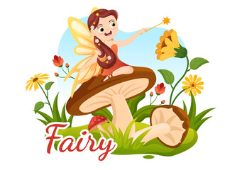 Obraz na płótnie Canvas Beautiful Flying Fairy Illustration with Elf, Landscape Tree and Green Grass in Flat Cartoon Hand Drawn for Web Banner or Landing Page Templates