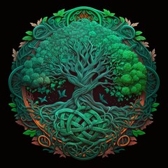 Celtic Tree of Life and Death Symbol in Vivid Emerald Colors, generative ai