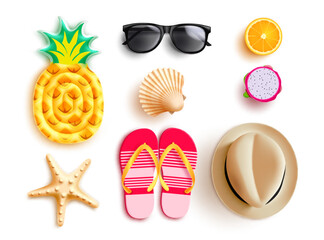 Summer elements vector set design. Summer beach floater hat, sunglasses, flipflop and seashells 3d realistic element. Vector illustration isolated elements collection.  - obrazy, fototapety, plakaty