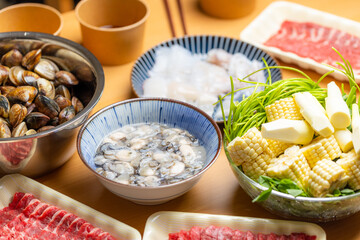 Slice of beef and seafood for hotpot