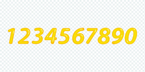 Yellow numbers from 0 to 9. Collection of voluminous inflated numbers from balloons. Set of bright bubble spherical figures. Realistic 3d designs. vector illustration with transparent background