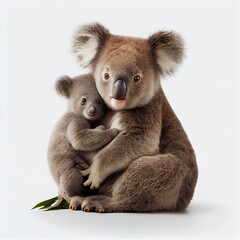 Naklejka premium Mother koala with her baby. Isolated on white background. Generative AI