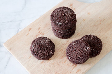 Chocolate chip cookies with sugar fresh homemade. Vegetarian dessert. American  style breakfast in the form of chocolate chip cookies. Free space for text