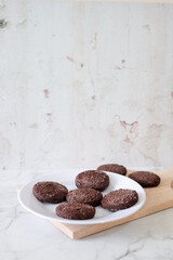 Chocolate chip cookies with sugar fresh homemade. Vegetarian dessert. American  style breakfast in the form of chocolate chip cookies. Free space for text