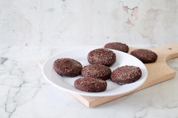 Chocolate chip cookies with sugar fresh homemade. Vegetarian dessert. American  style breakfast in the form of chocolate chip cookies. Free space for text