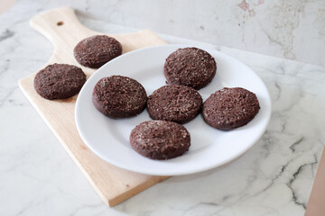 Chocolate chip cookies with sugar fresh homemade. Vegetarian dessert. American  style breakfast in the form of chocolate chip cookies. Free space for text