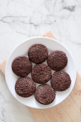 Chocolate chip cookies with sugar fresh homemade. Vegetarian dessert. American  style breakfast in the form of chocolate chip cookies. Free space for text