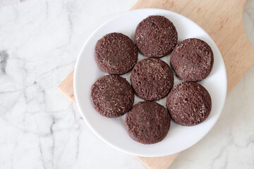 Chocolate chip cookies with sugar fresh homemade. Vegetarian dessert. American  style breakfast in the form of chocolate chip cookies. Free space for text