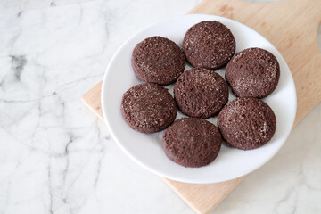 Chocolate chip cookies with sugar fresh homemade. Vegetarian dessert. American  style breakfast in the form of chocolate chip cookies. Free space for text