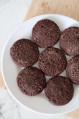 Chocolate chip cookies with sugar fresh homemade. Vegetarian dessert. American  style breakfast in the form of chocolate chip cookies. Free space for text