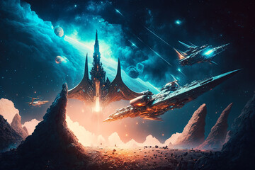 Fantasy space ships on an alien world in a starry sky.  Generative AI.