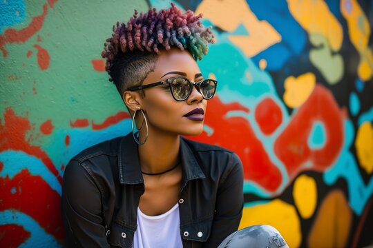 Dark skinned woman poses in front of colorful graffiti-covered wall, unique style. Generative AI