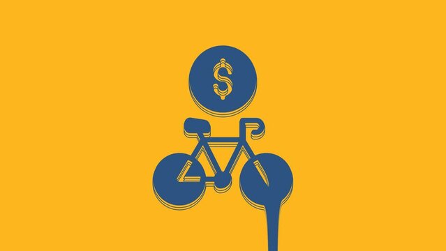 Blue Bicycle rental mobile app icon isolated on orange background. Smart service for rent bicycles in the city. Mobile app for sharing system. 4K Video motion graphic animation