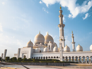 The Sheikh Zayed Grand Mosque during sunset, in Abu Dhabi, United Arab Emirates