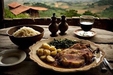 Feijão tropeiro, typical Brazilian food, in copper pot, rustic cuisine, with ingredients and vegetables, GENERATIVE AI - obrazy, fototapety, plakaty