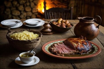Feijão tropeiro, typical Brazilian food, in copper pot, rustic cuisine, with ingredients and vegetables, GENERATIVE AI - obrazy, fototapety, plakaty