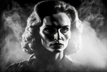 Mysterious woman, black and white in film noir style. Detective story the lady is surrounded by fog or mist. Generative AI