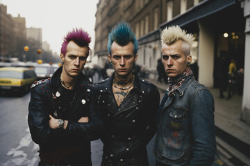 Three British punk rock men with colorful mohawk hair style and leather jackets. Generative AI