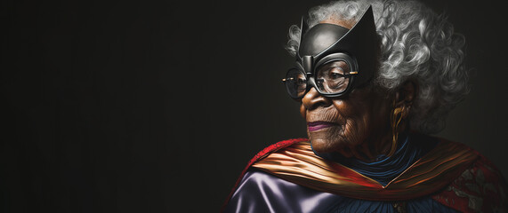 Mature black woman wearing a super hero costume including a cape and mask. Wrinkles on her face. Generative AI.