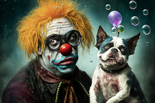 Man In Ugly Clown Makeup With A Small Dog That Looks Like Him. Sad And Scary Circus Life. Generative AI