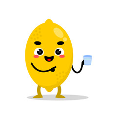 happy lemon mascot holding glass drink