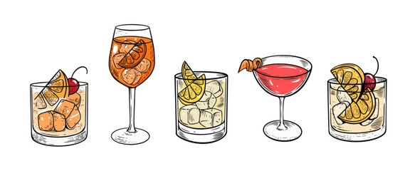 Set cocktails in vintage engraving style. Colorful vector art illustration.