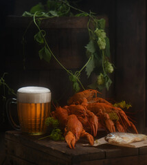 Boiled crayfish with beer on a wooden background. Barrel and hops.