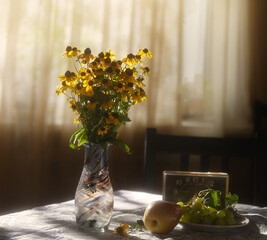 Still life with wild flowers and fruits. Soviet style.