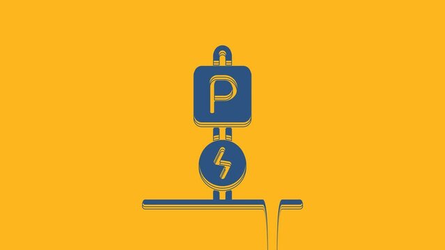 Blue Charging parking electric car icon isolated on orange background. 4K Video motion graphic animation