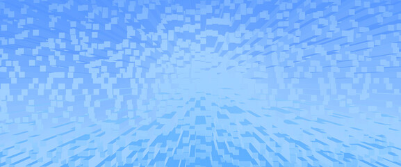 Geometric effect of many parallelepipeds on plane. Portal of blue cyan colors. Fantastic future design background image with many lines and squares in digital space. Abstract backdrop of cyberspace.