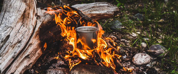 Kettle hanging over fire. Cooking food at fire in wild. Beautiful big log burns in bonfire...