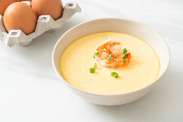 Steamed egg with shrimp and spring onions
