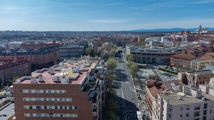 Madrid, Spain. April 17, 2022: Landscape with architecture and blue sky in the city.