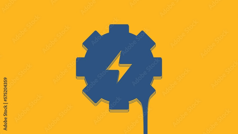 Poster blue gear and lightning icon isolated on orange background. electric power. lightning bolt sign. 4k 