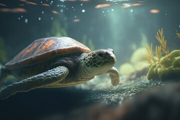 Plakat Armored graceful turtle swimming underwater. AI generation.