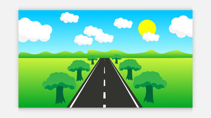 Road to nature backgroud vector illustration.Street with field , hills , clouds , trees and sun.Beautiful nature landscape.