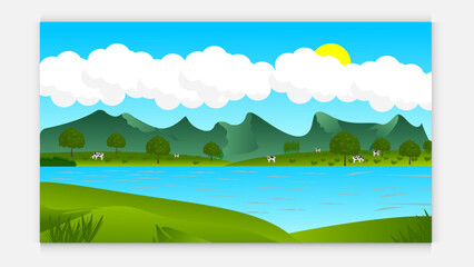 Fototapeta na wymiar Green landscape with meadows, mountains and cow . lake and forest, nature landscape, vector background. vector illustration in flat design.