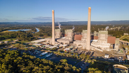 Aerial drone view of Eraring Power Station, Australia’s largest coal fired power station...