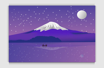 Illustration of Mount Fuji reflecting on a lake at night. Vector night river view landscape design nature scene flat design background template vector illustration