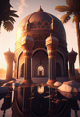 mosque in sunset illustration, background, wallpaper, ramadan kareem, eid al fitr, eid al adha