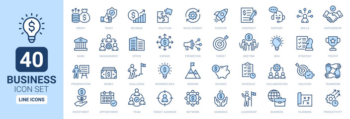 Business icon set. Profit, partnership, startup, solution, office, leadership and contract outline icons. Line icons vector collection.