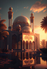 mosque in sunset illustration, background, wallpaper, ramadan kareem, eid al fitr, eid al adha