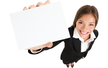 Showing sign - woman holding big business card with copyspace. Sign and businesswoman face in focus, High angle view of Asian / Caucasian businesswoman isolated cutout PNG on transparent background.