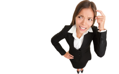 Thinking people. Business woman wondering funny looking to side while scratching her head. High angle view of Caucasian / Chinese Asian businesswoman isolated cutout PNG on transparent background.
