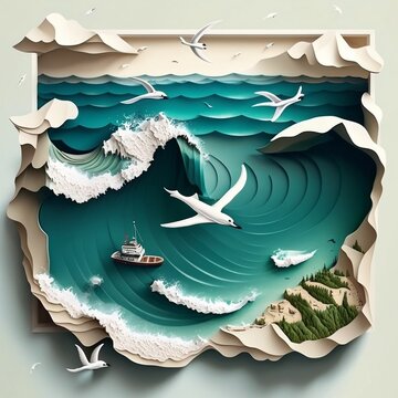 Ocean shore with waves, boat and seagulls, top view, pop-up window style illustration, fantasy art, generated in AI